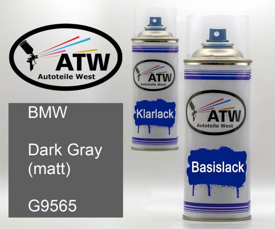 BMW, Dark Gray (matt), G9565: 400ml Sprühdose + 400ml Klarlack - Set, von ATW Autoteile West.